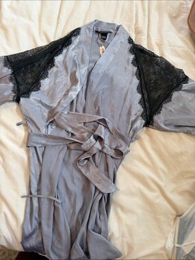 Victoria's Secret Silver-Gray Satin Robe with Black Lace Trim